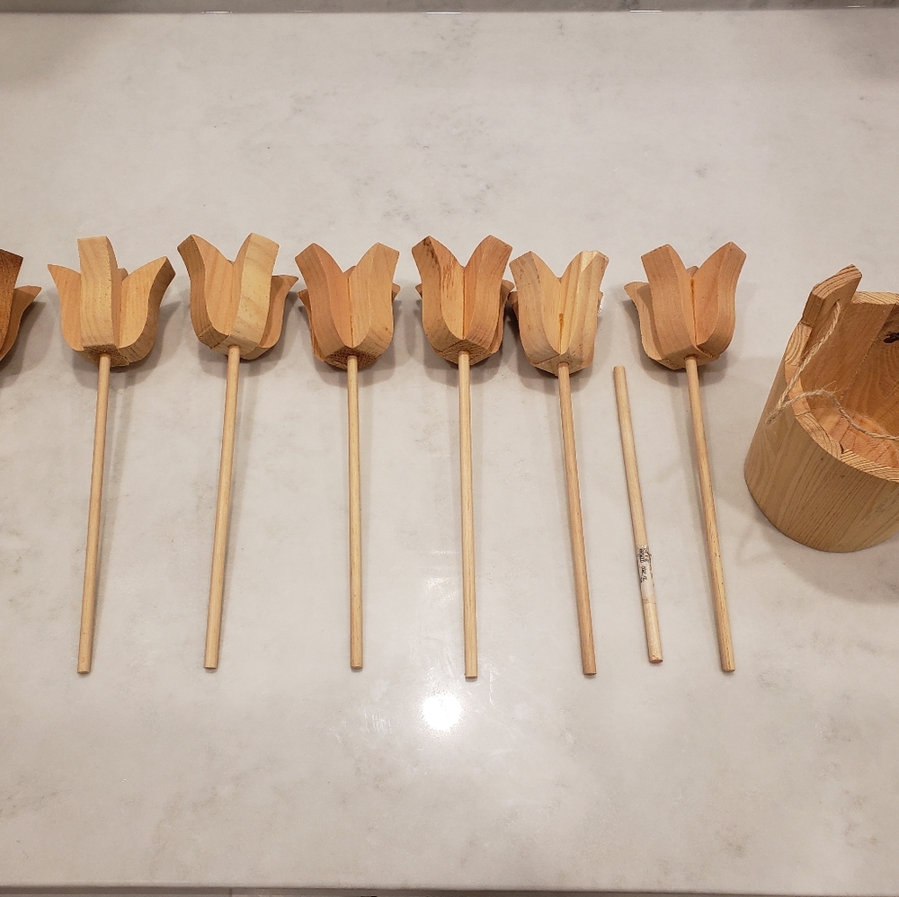 7 wooden tulips and wooden bucket with 9 acrylic 2 fl oz colours